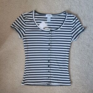 Just Polly Striped Button Front Ribbed Babydoll Shirt Cropped Black White Size S
